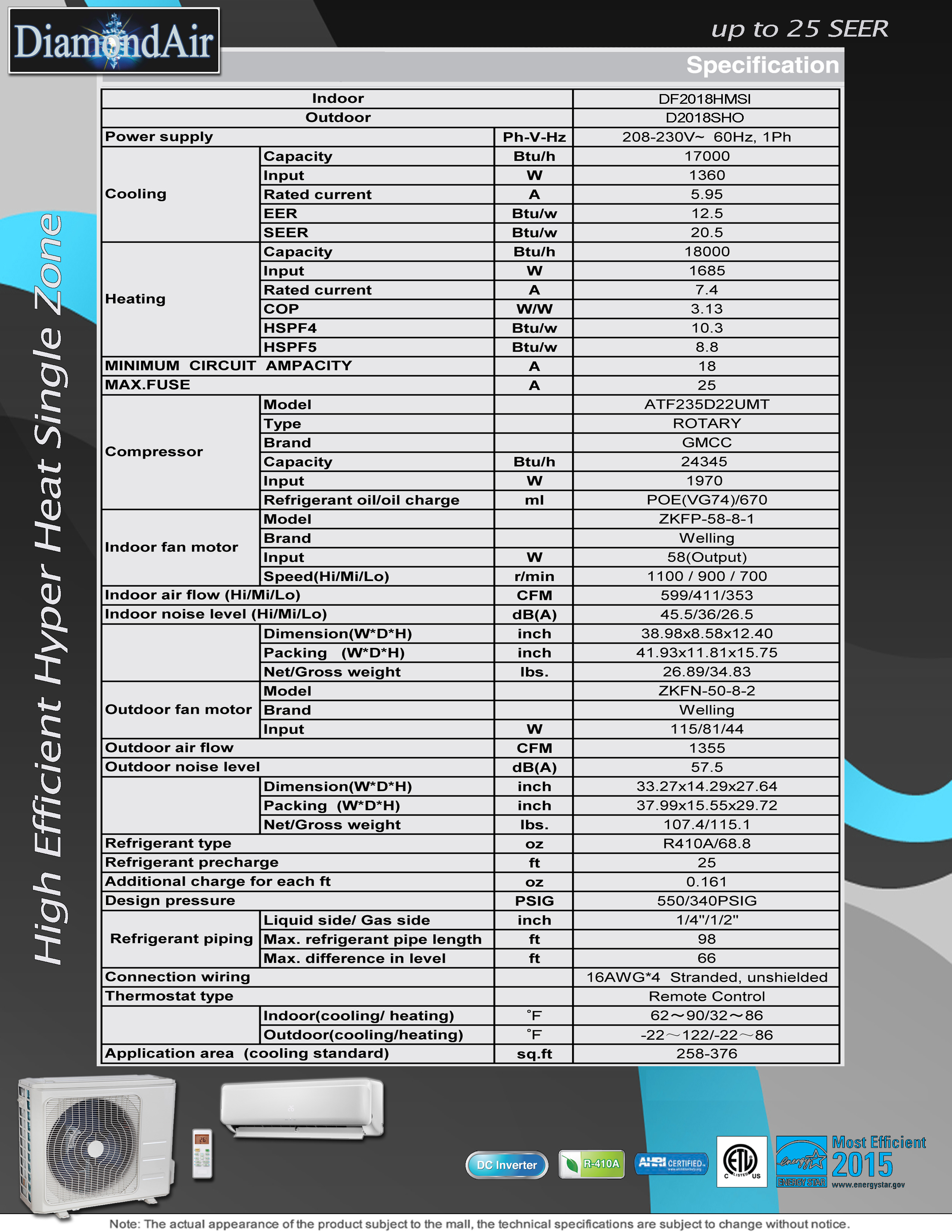 Mini Split 18,000 BTU DiamondAir Hyper Heat 20 SEER Heat Pump System D2018SHO (0011), DF2018HMSI (F)